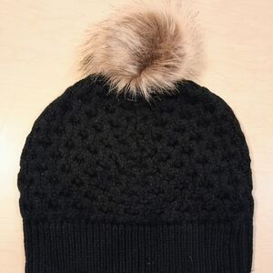 Black Knit Beanie with Faux Fur Pom